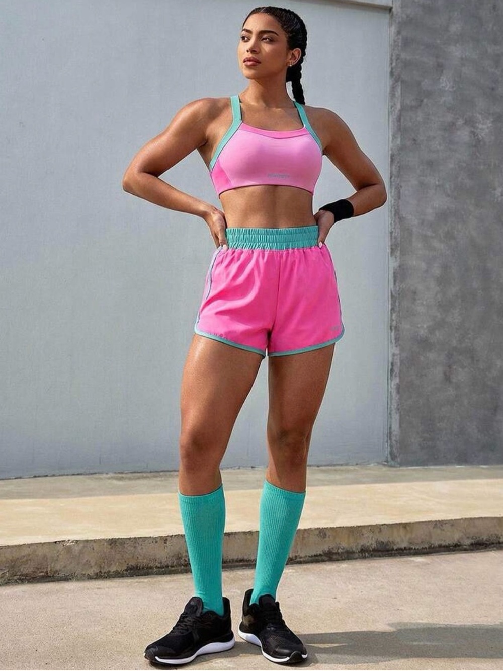 Women’s Colorblock Sports Bra & Shorts Set - Pink with Aqua Trim